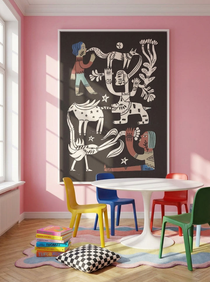 Oversized statement canvas wall art with a white surround styled on the wall in a colourful eclectic dining room