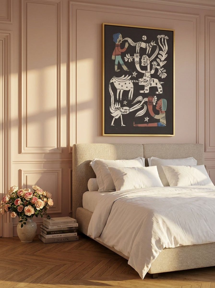 Canvas wall art with a gold leaf surround styled on the wall in a Parisian bedroom