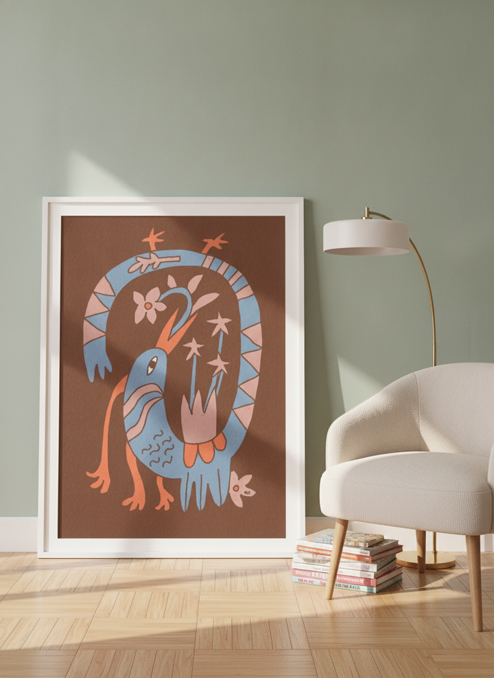 Modern wall art print leaning against the wall in a mid-century home office
