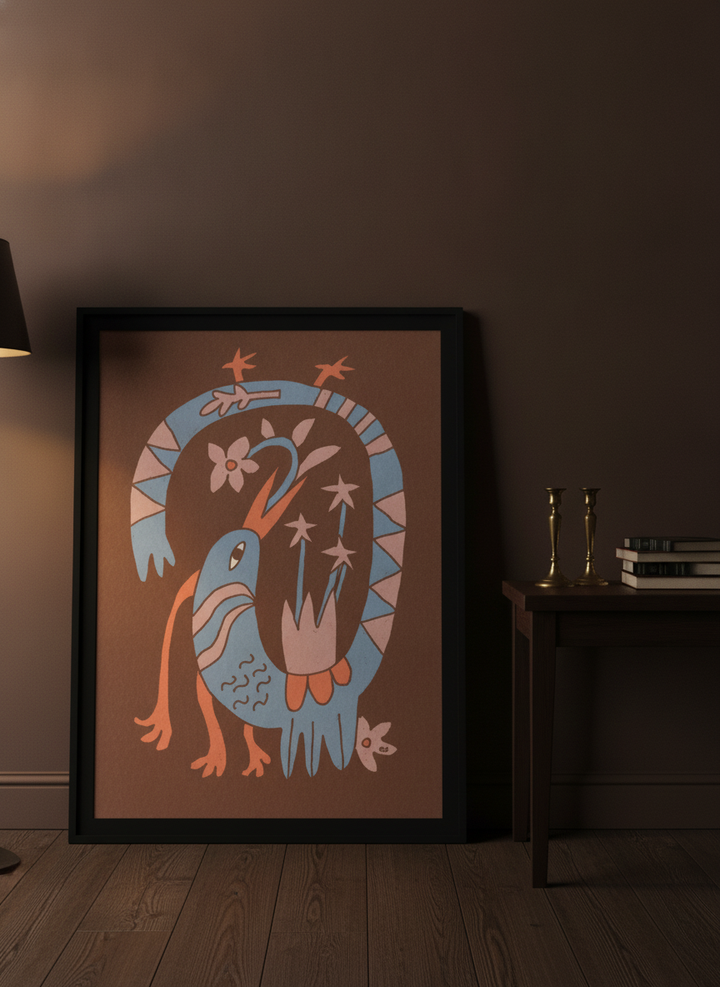 Modern wall art print leaning against the wall in a moody living room