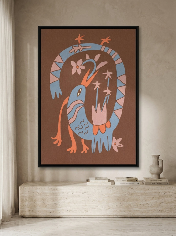 Canvas wall art with a black surround styled on the wall in a luxe living room