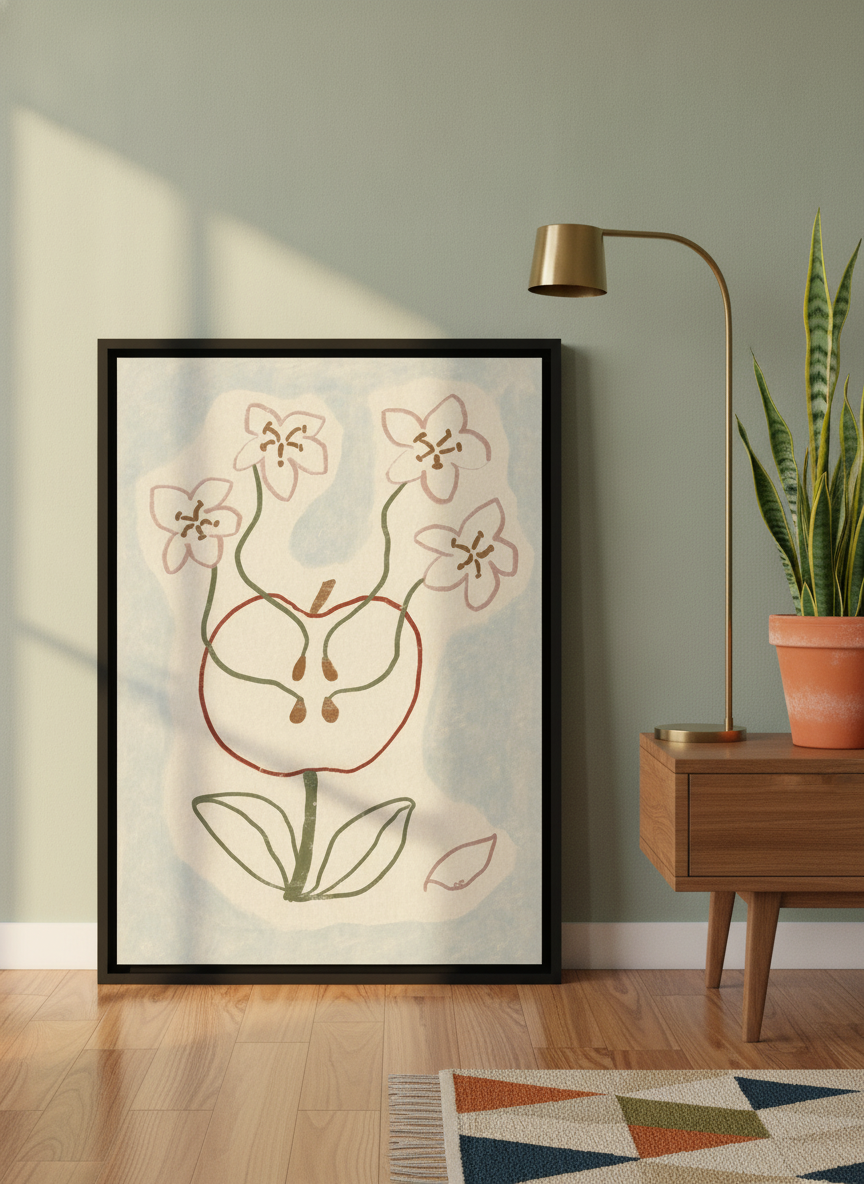 Canvas wall art with a black surround leaning against the wall in a mid-century kitchen