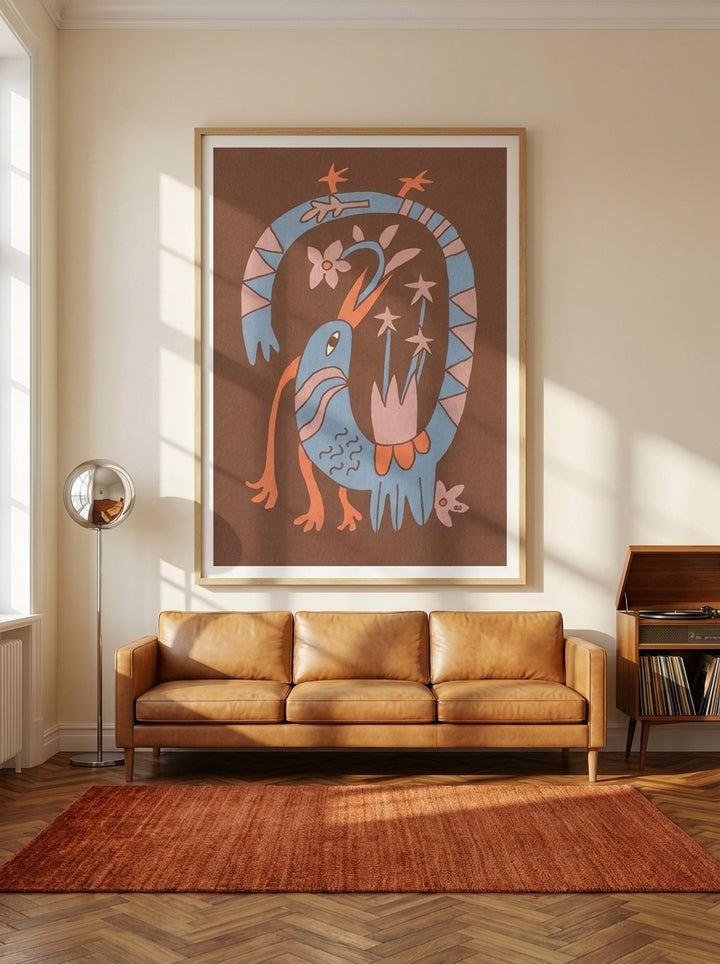 Modern wall art print styled on the wall in a retro 70s living room