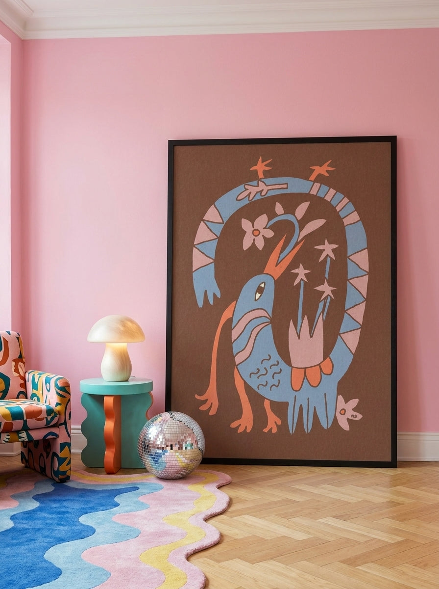 Oversized statement modern wall art print leaning against the wall in a colourful eclectic home office