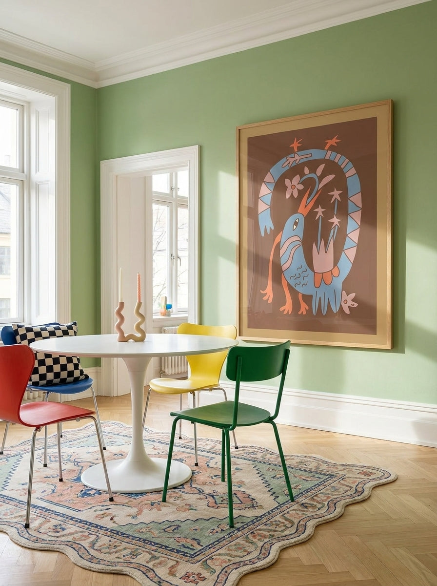 Oversized statement modern wall art print styled on the wall in a colourful eclectic dining room