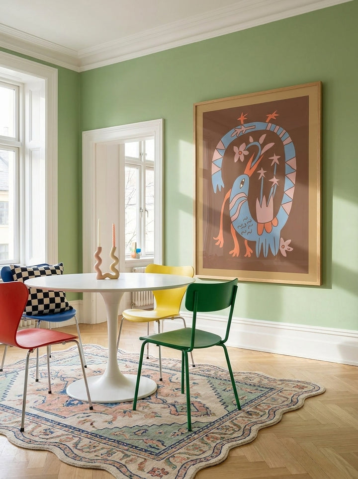 Oversized statement modern wall art print styled on the wall in a colourful eclectic dining room