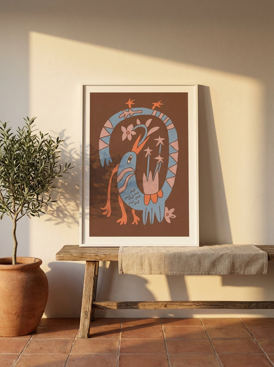 Modern wall art print standing on a bench in a Mediterranean bedroom