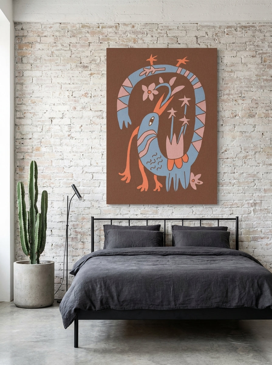 Stretched canvas wall art styled on the wall in an industrial loft bedroom