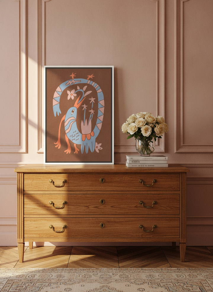 Canvas wall art with a white surround standing on a sideboard in a Parisian home office
