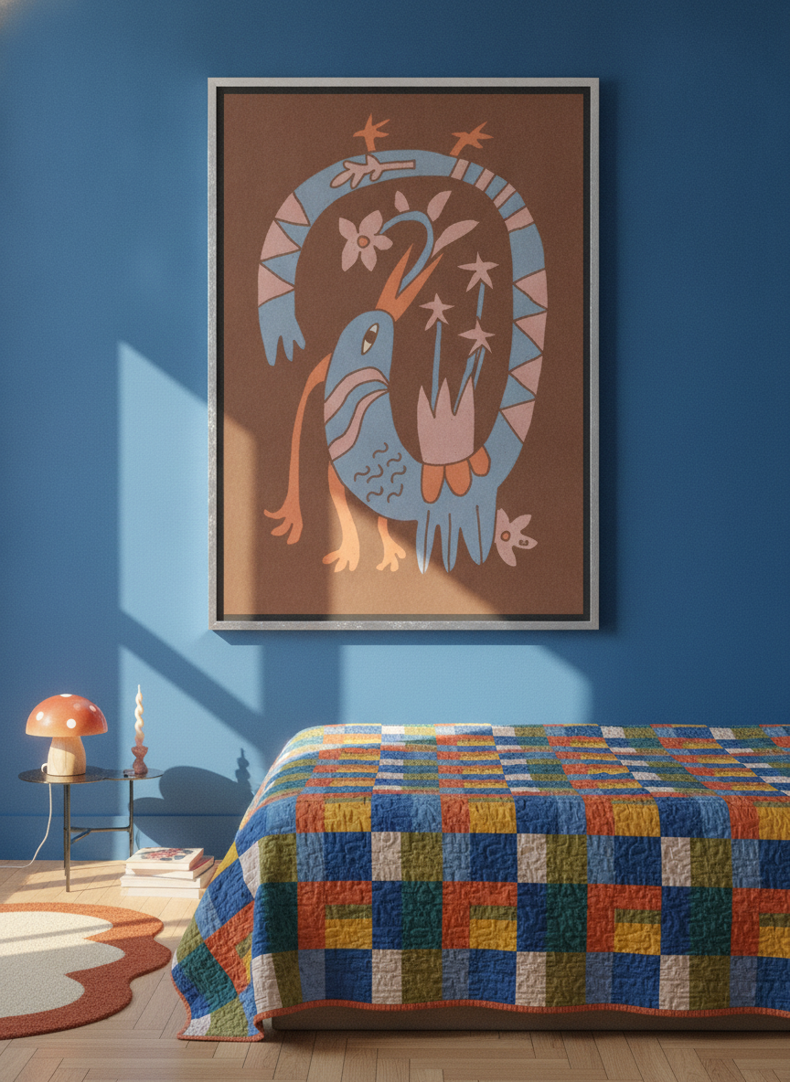 Oversized statement canvas wall art with a silver leaf surround styled on the wall in a colourful eclectic bedroom