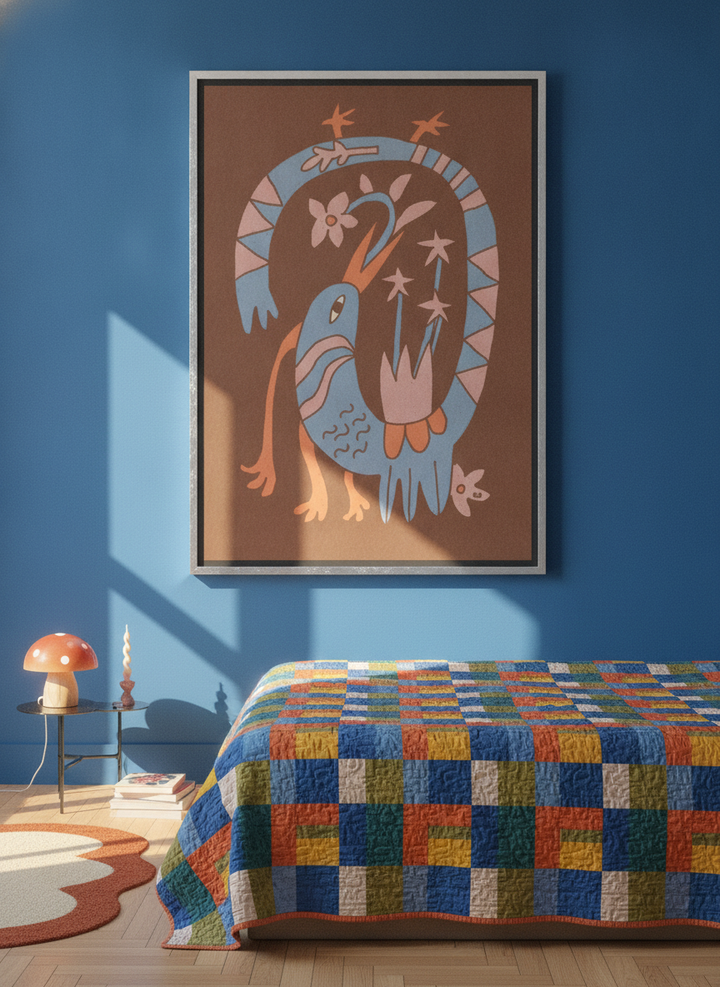 Oversized statement canvas wall art with a silver leaf surround styled on the wall in a colourful eclectic bedroom
