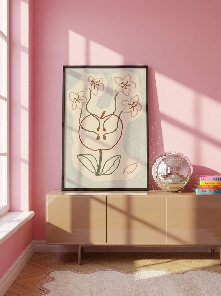 Modern wall art print standing on a sideboard in a colourful eclectic dining room