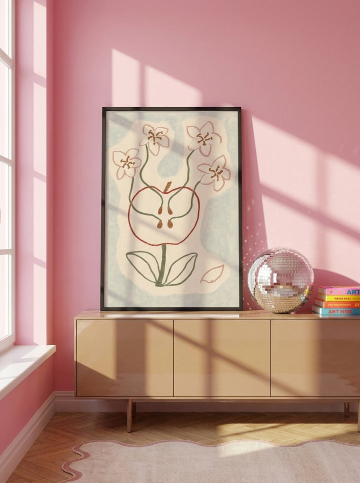 Modern wall art print standing on a sideboard in a colourful eclectic dining room