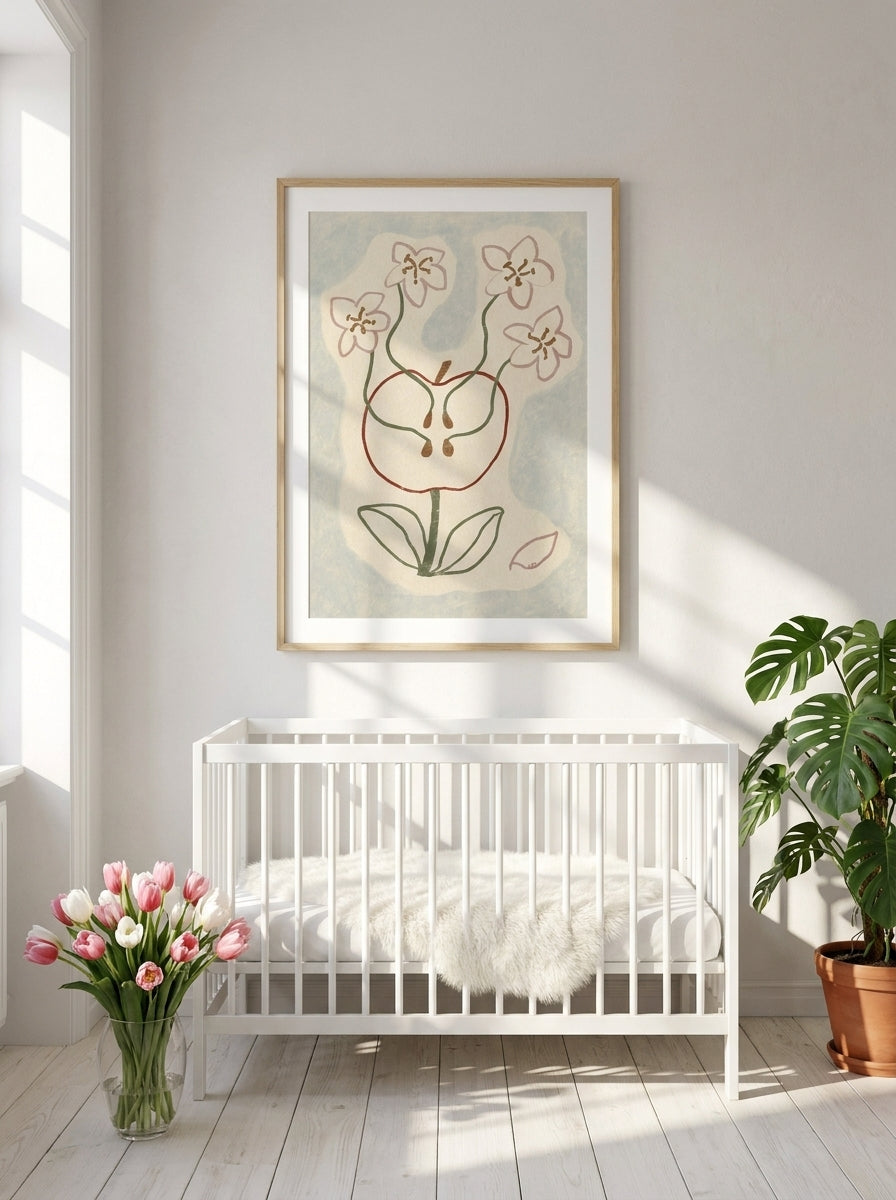 Modern wall art print styled on the wall in a bright Scandinavian nursery