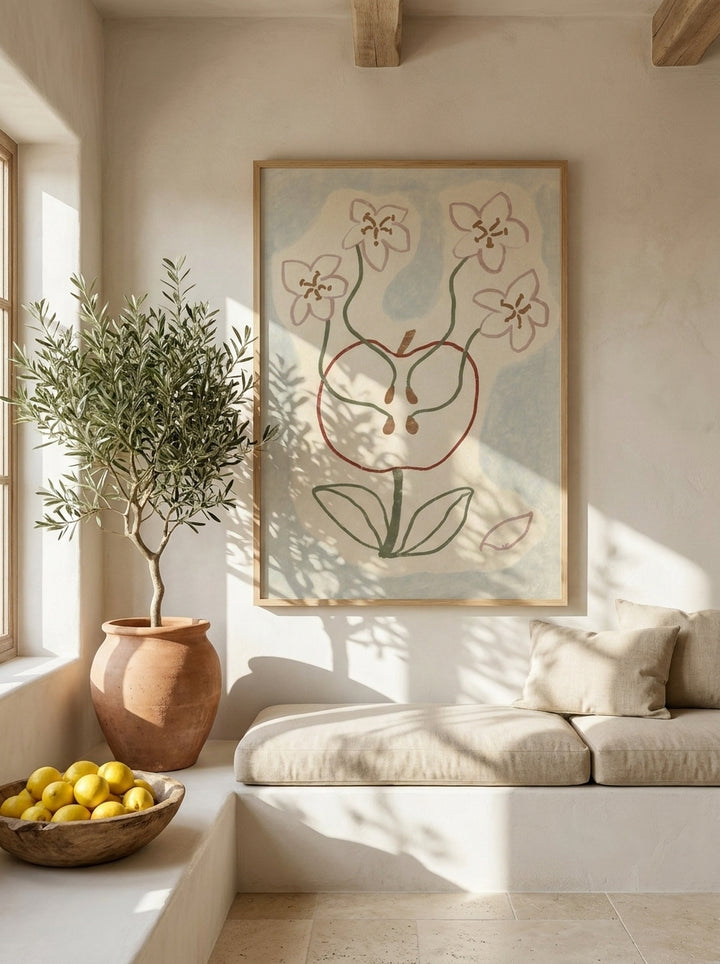 Oversized statement modern wall art print styled on the wall in a Mediterranean living room