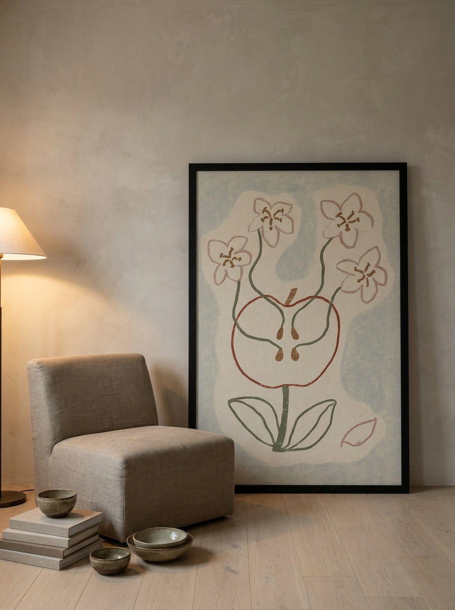 Oversized statement modern wall art print leaning against the wall in a warm Japandi bedroom