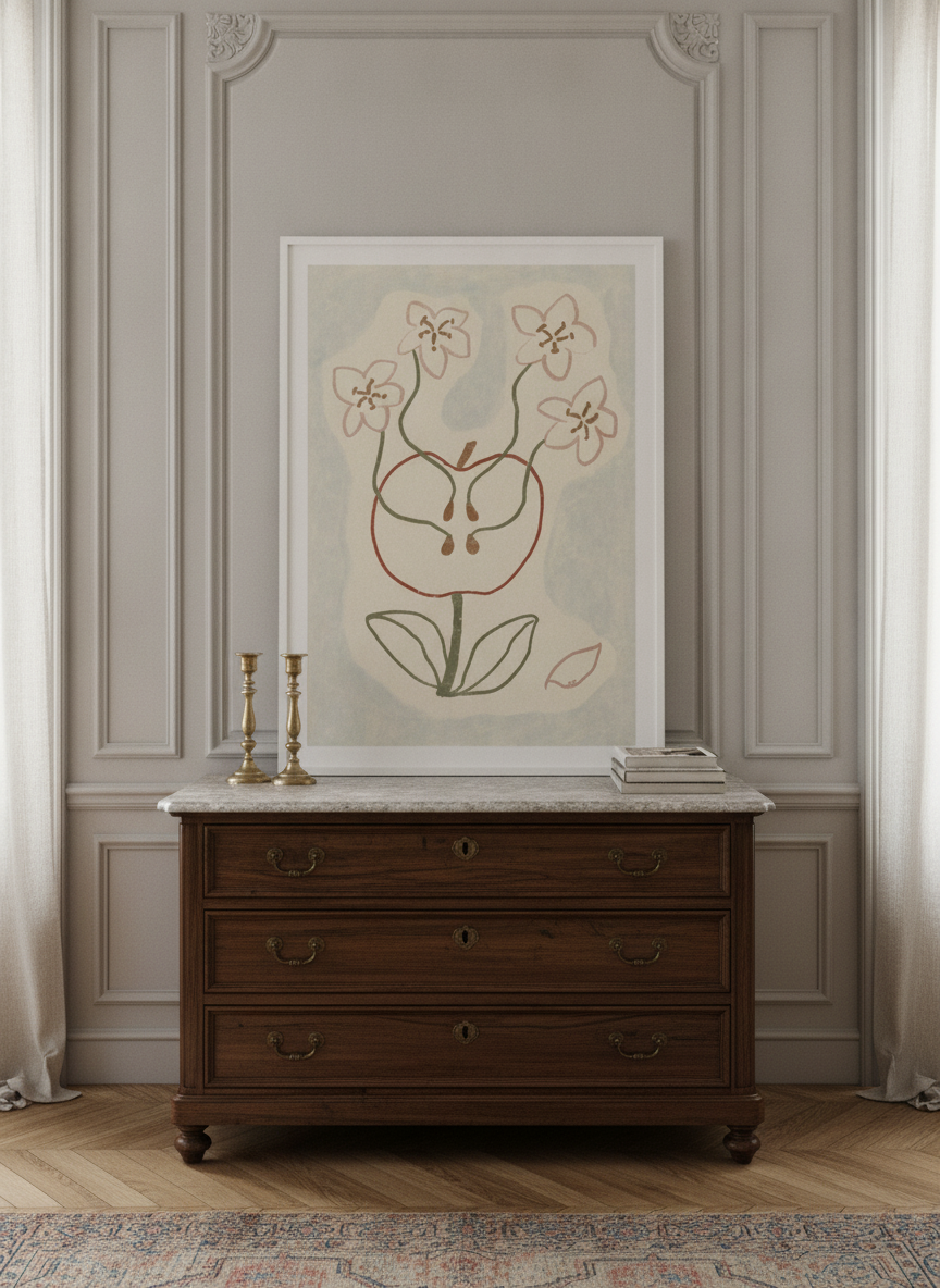 Modern wall art print standing on a sideboard in a Parisian bathroom