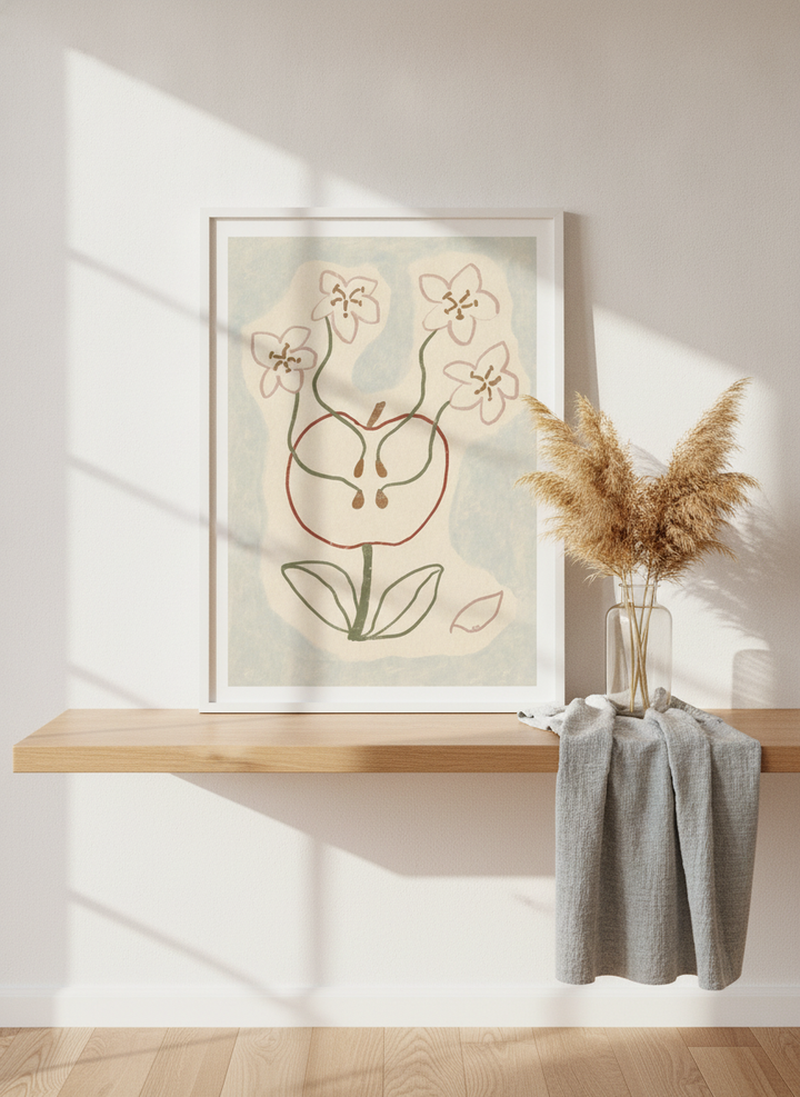 Modern wall art print standing on a kitchen bench in a coastal kitchen