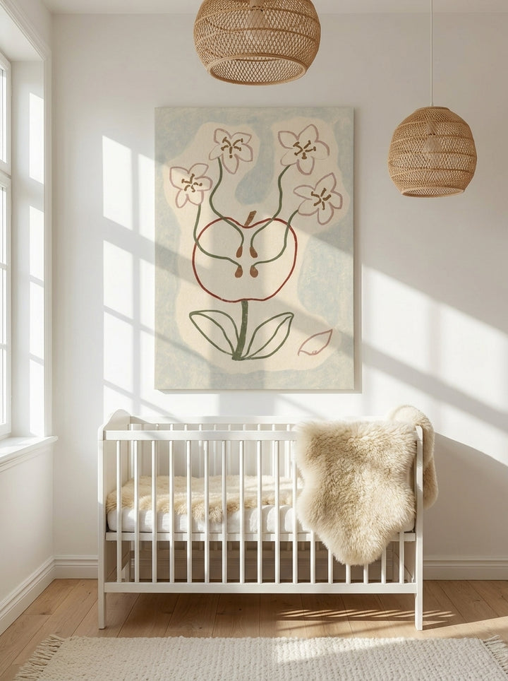 Stretched canvas wall art styled on the wall in a bright Scandinavian nursery