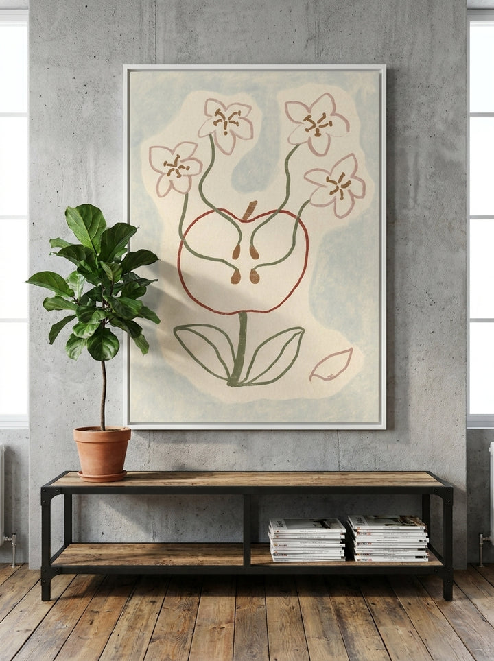 Oversized statement canvas wall art with a white surround styled on the wall in an industrial loft living room