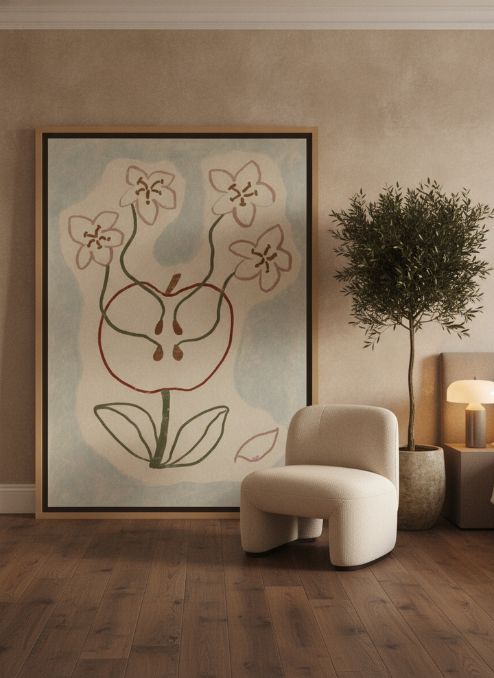 Oversized statement canvas wall art with a natural timber surround leaning against the wall in a luxe bedroom