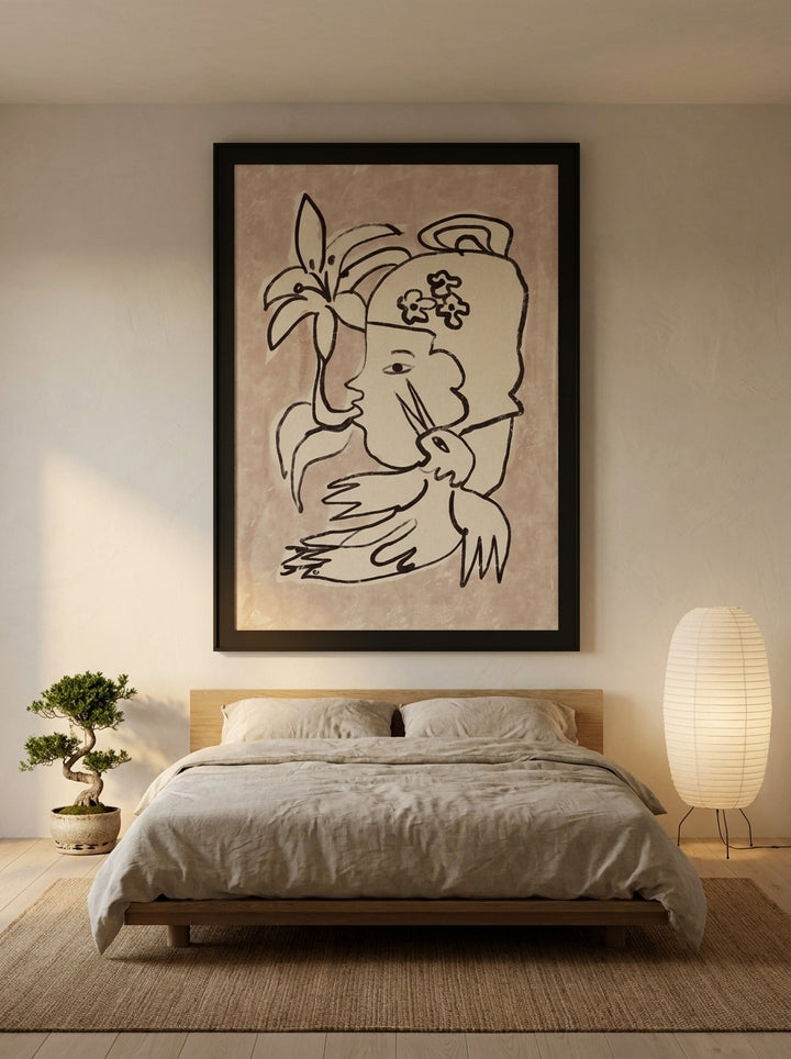 Oversized statement modern wall art print styled on the wall in a warm Japandi bedroom
