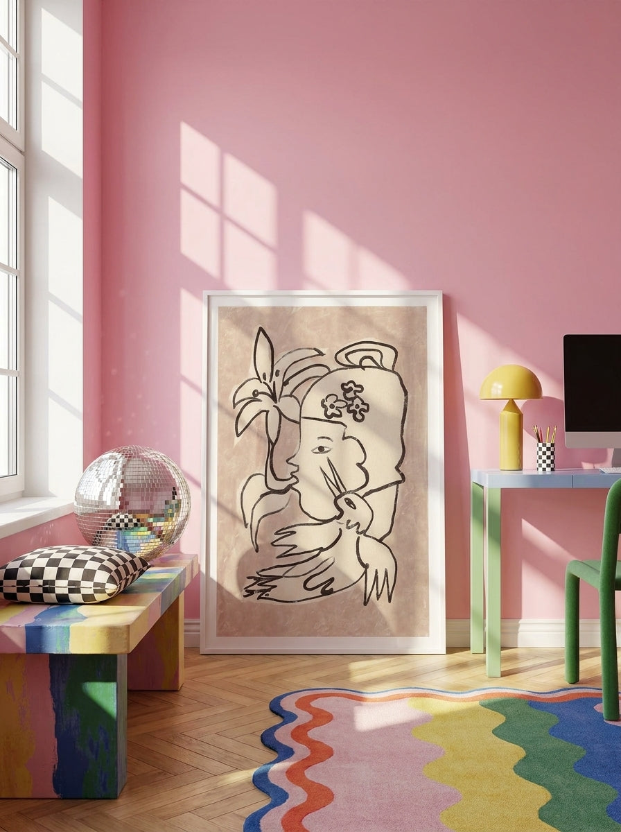 Modern wall art print standing on a side table in a colourful eclectic home office