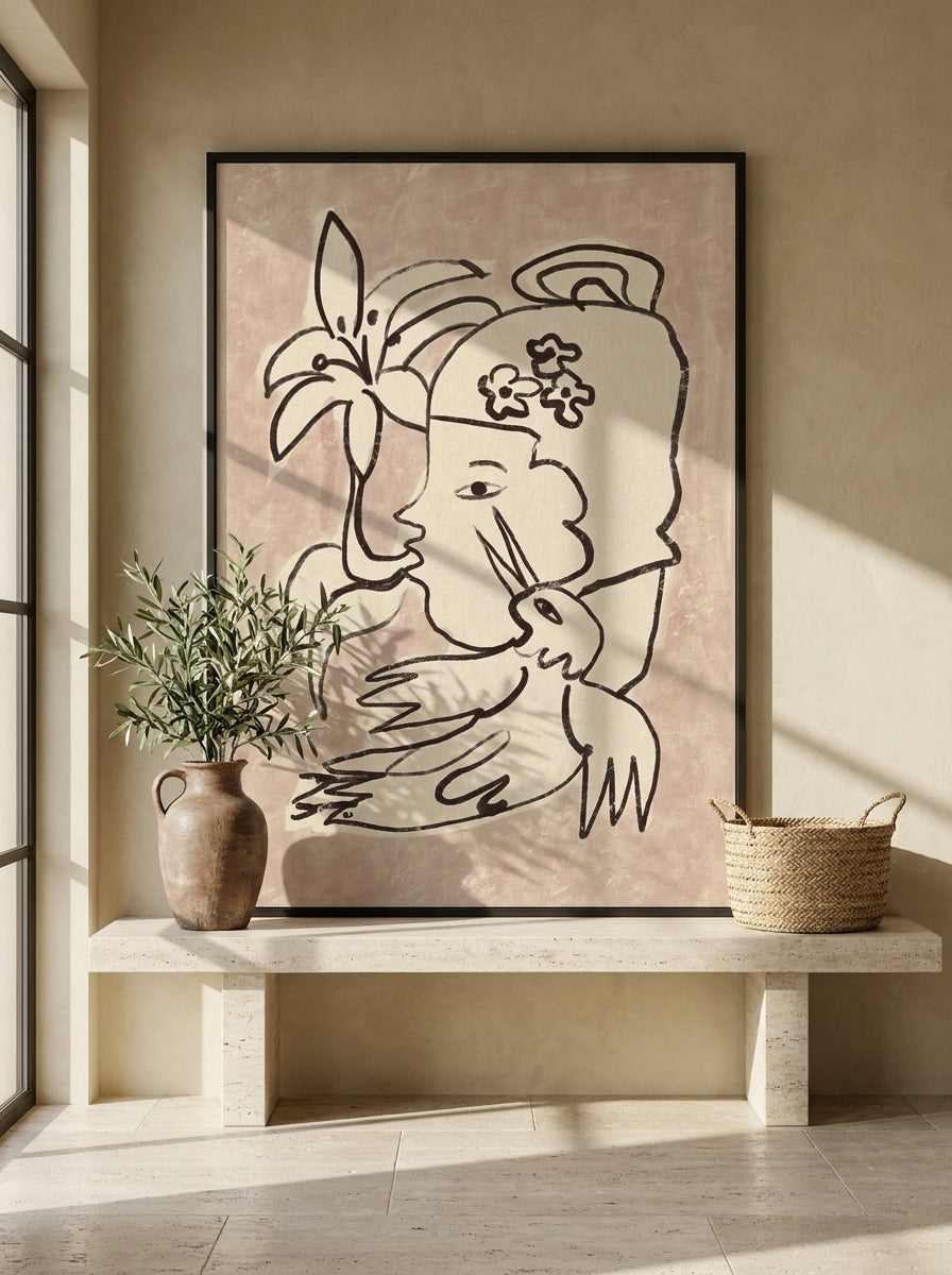 Modern wall art print styled on the wall in a Mediterranean living room
