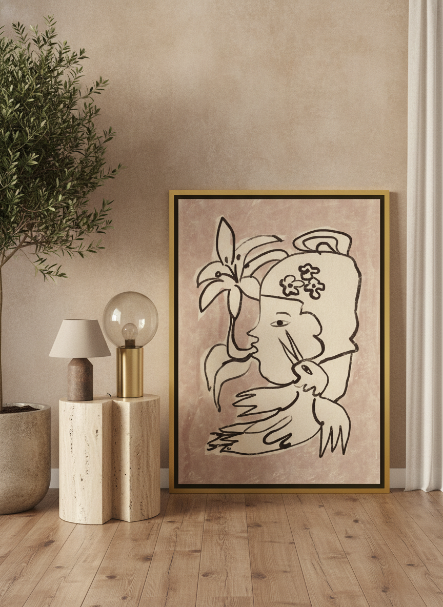 Canvas wall art with a gold leaf surround leaning against the wall in a luxe home office