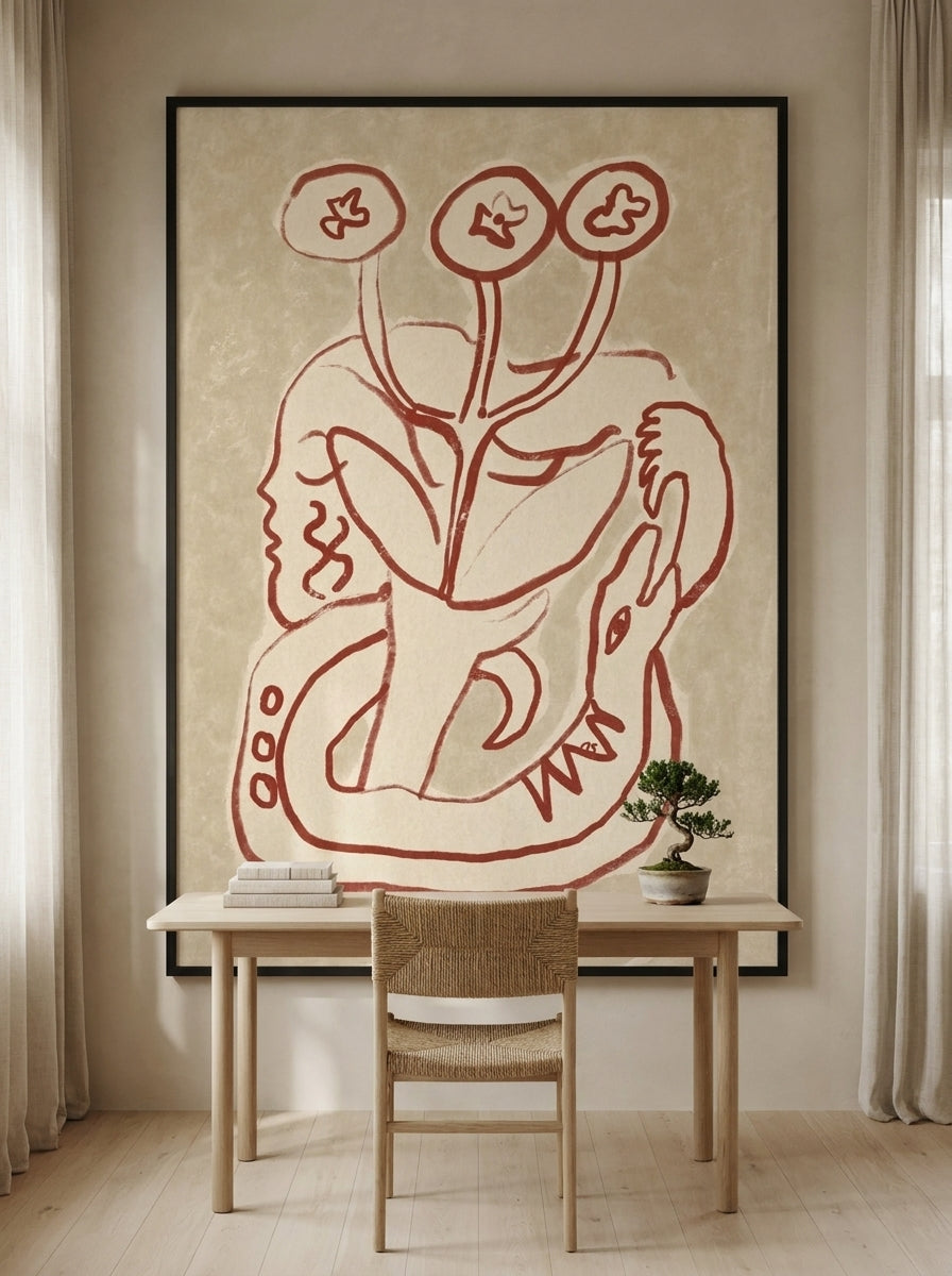 Oversized statement modern wall art print styled on the wall in a warm Japandi home office