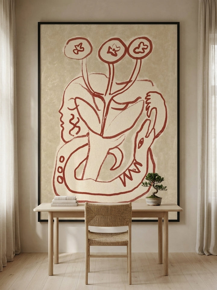 Oversized statement modern wall art print styled on the wall in a warm Japandi home office
