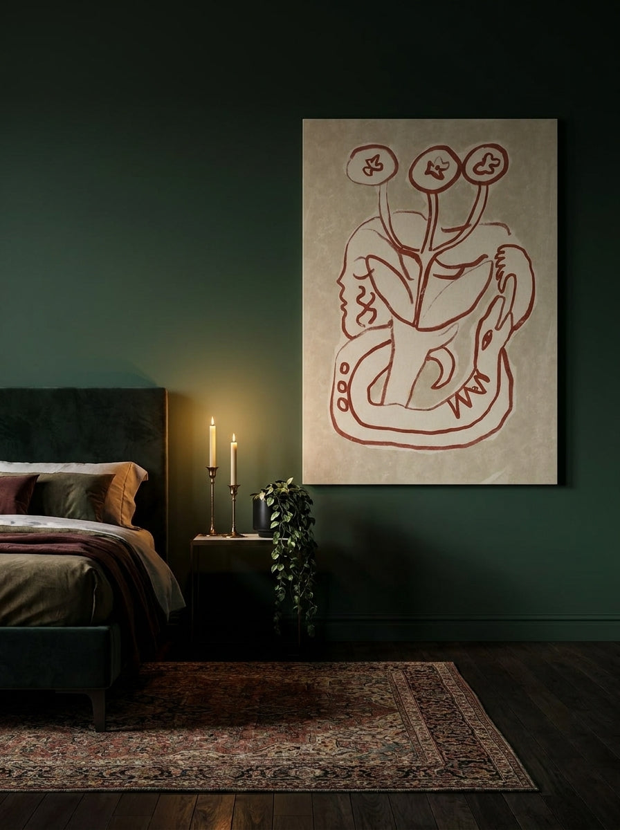 Stretched canvas wall art styled on the wall in a moody bedroom