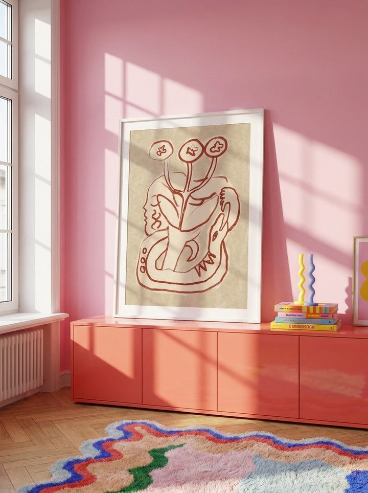 Modern wall art print standing on a sideboard in a colourful eclectic bedroom