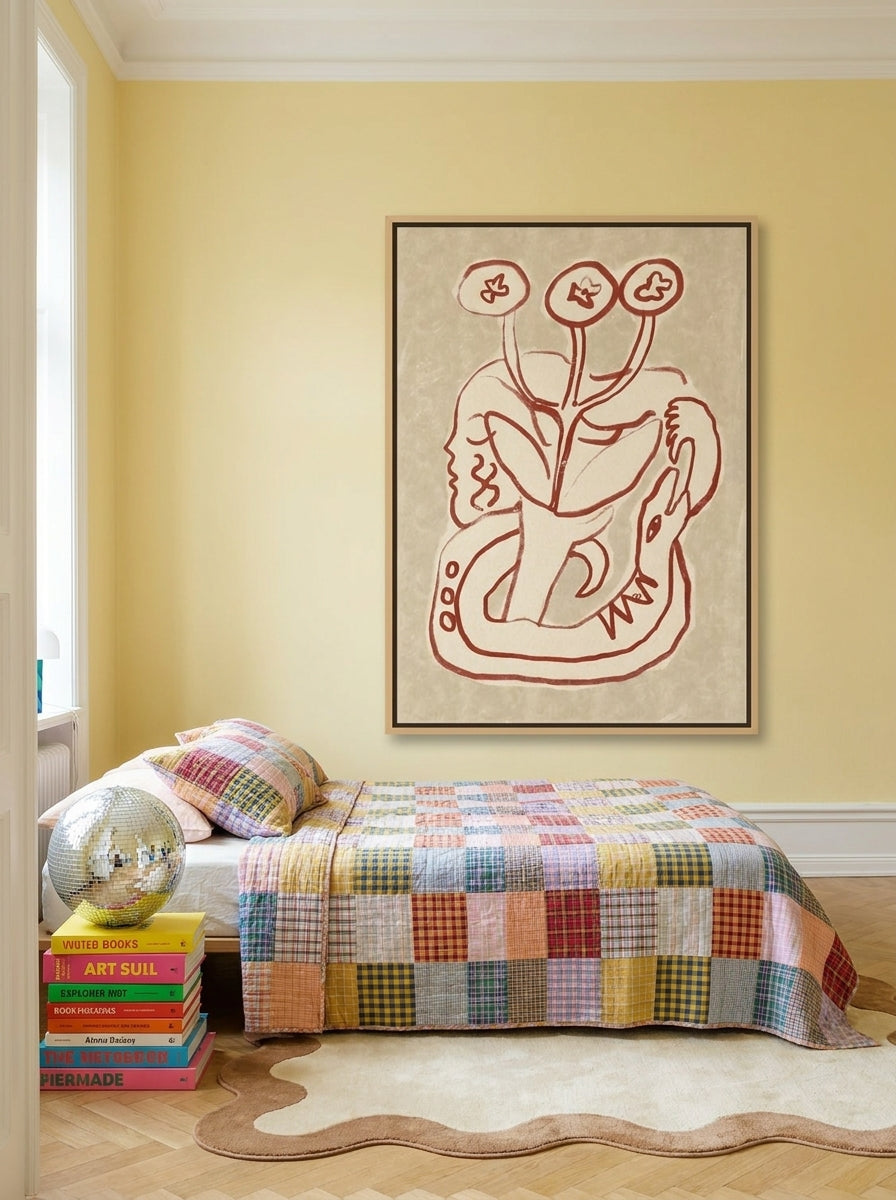 Oversized statement canvas wall art with a natural timber surround styled on the wall in a colourful eclectic bedroom