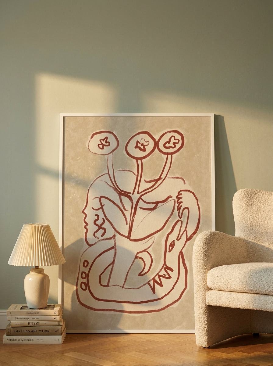 Modern wall art print leaning against the wall in a mid-century home office