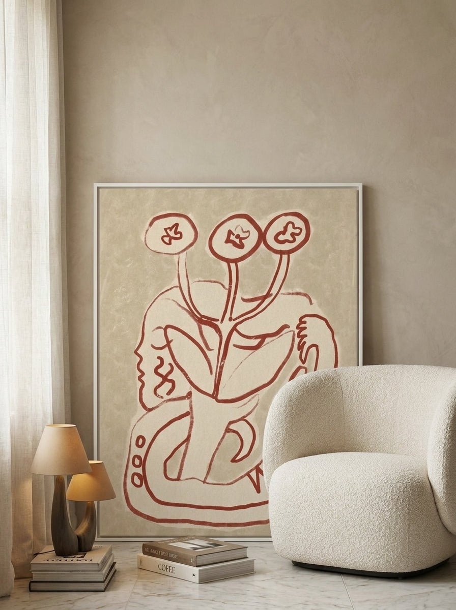 Canvas wall art with a white surround leaning against the wall in a luxe home office