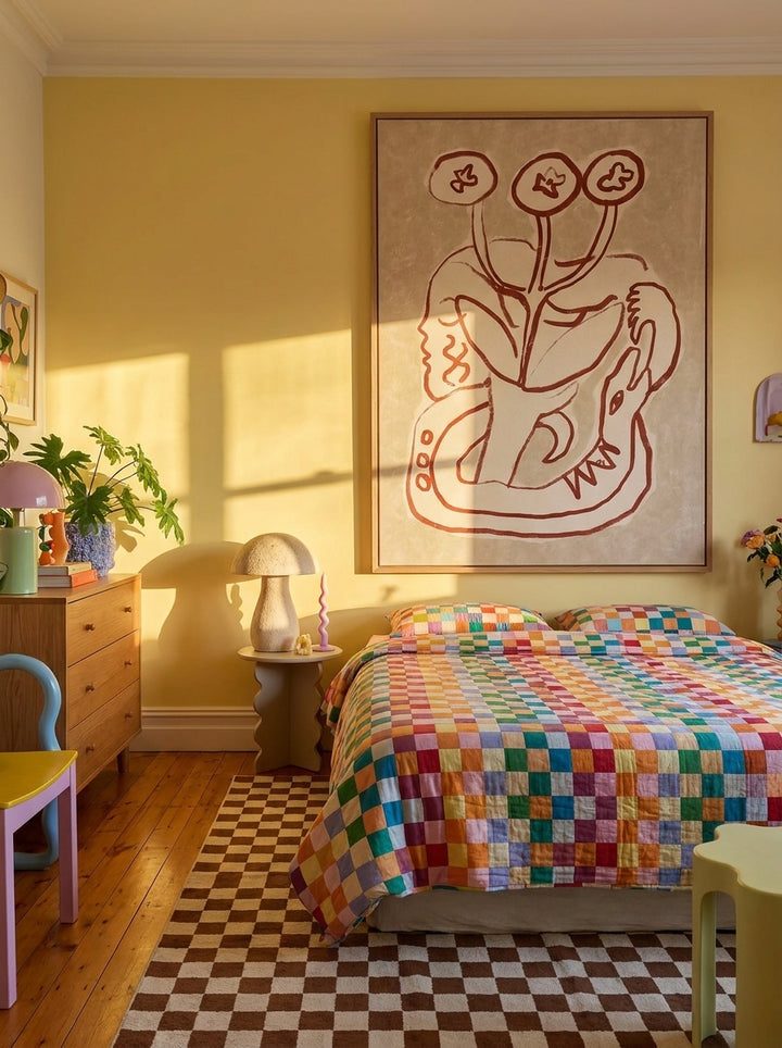 Oversized statement modern wall art print styled on the wall in a colourful eclectic bedroom