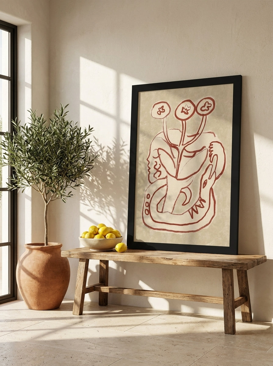 Modern wall art print standing on a bench in a Mediterranean living room