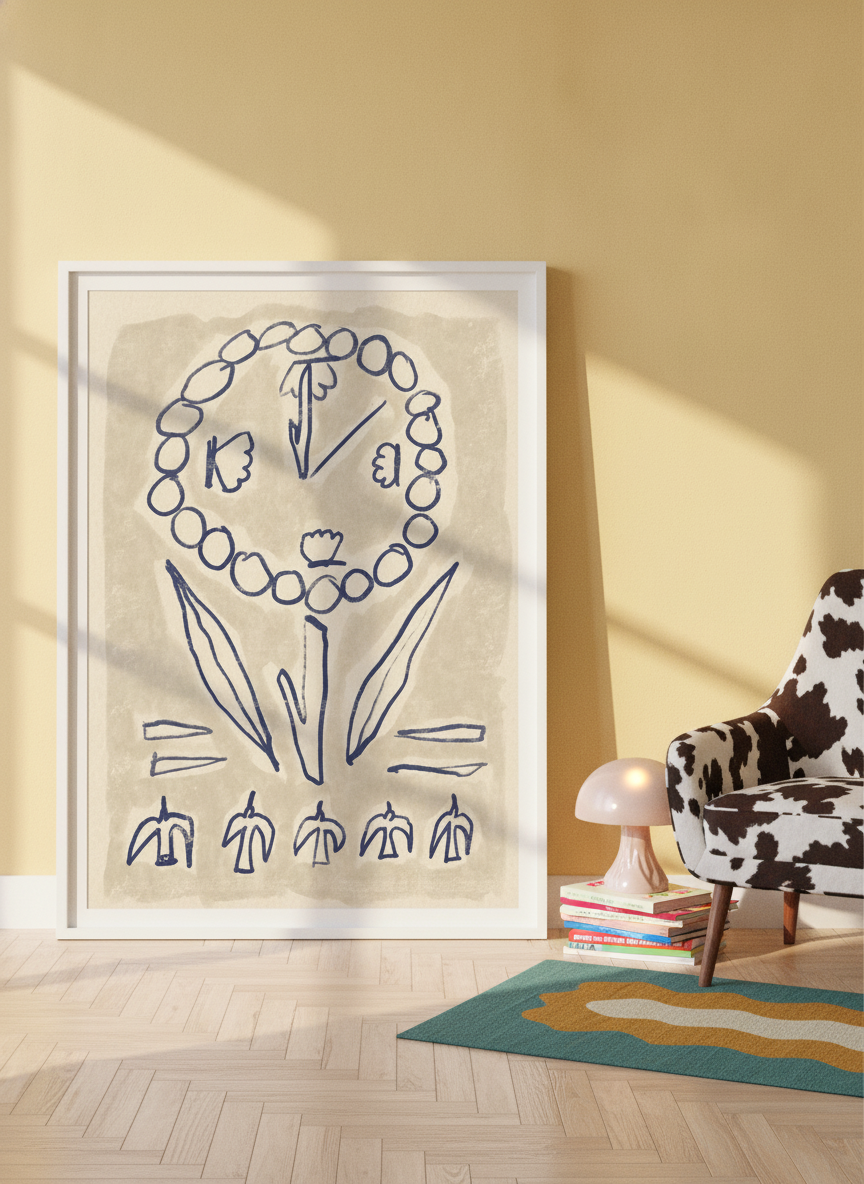 Modern wall art print leaning against the wall in a colourful eclectic bedroom