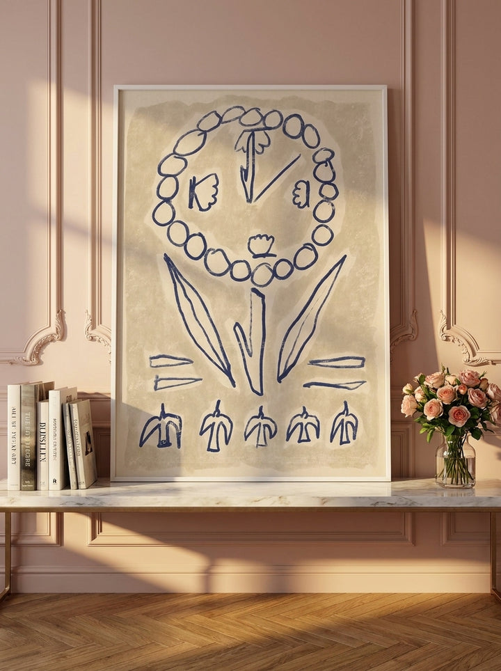 Modern wall art print standing on a console in a Parisian home office