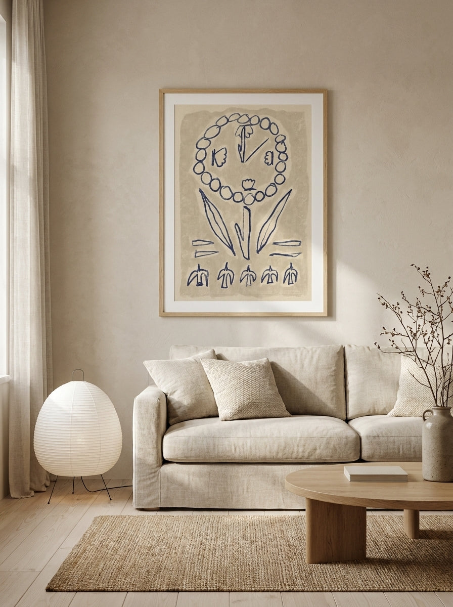 Modern wall art print styled on the wall in a warm Japandi living room