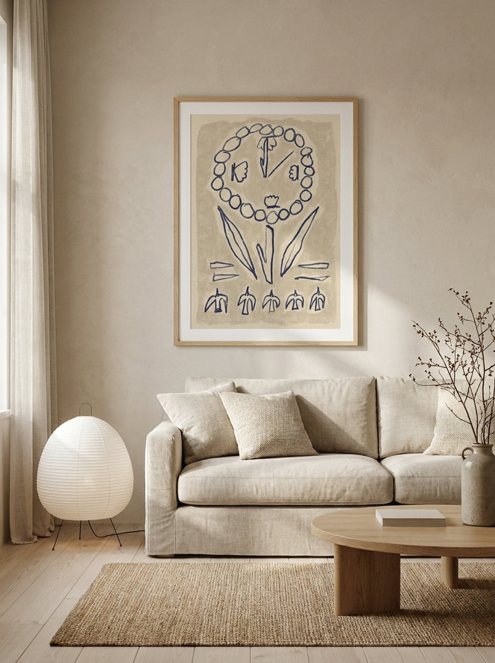 Modern wall art print styled on the wall in a warm Japandi living room