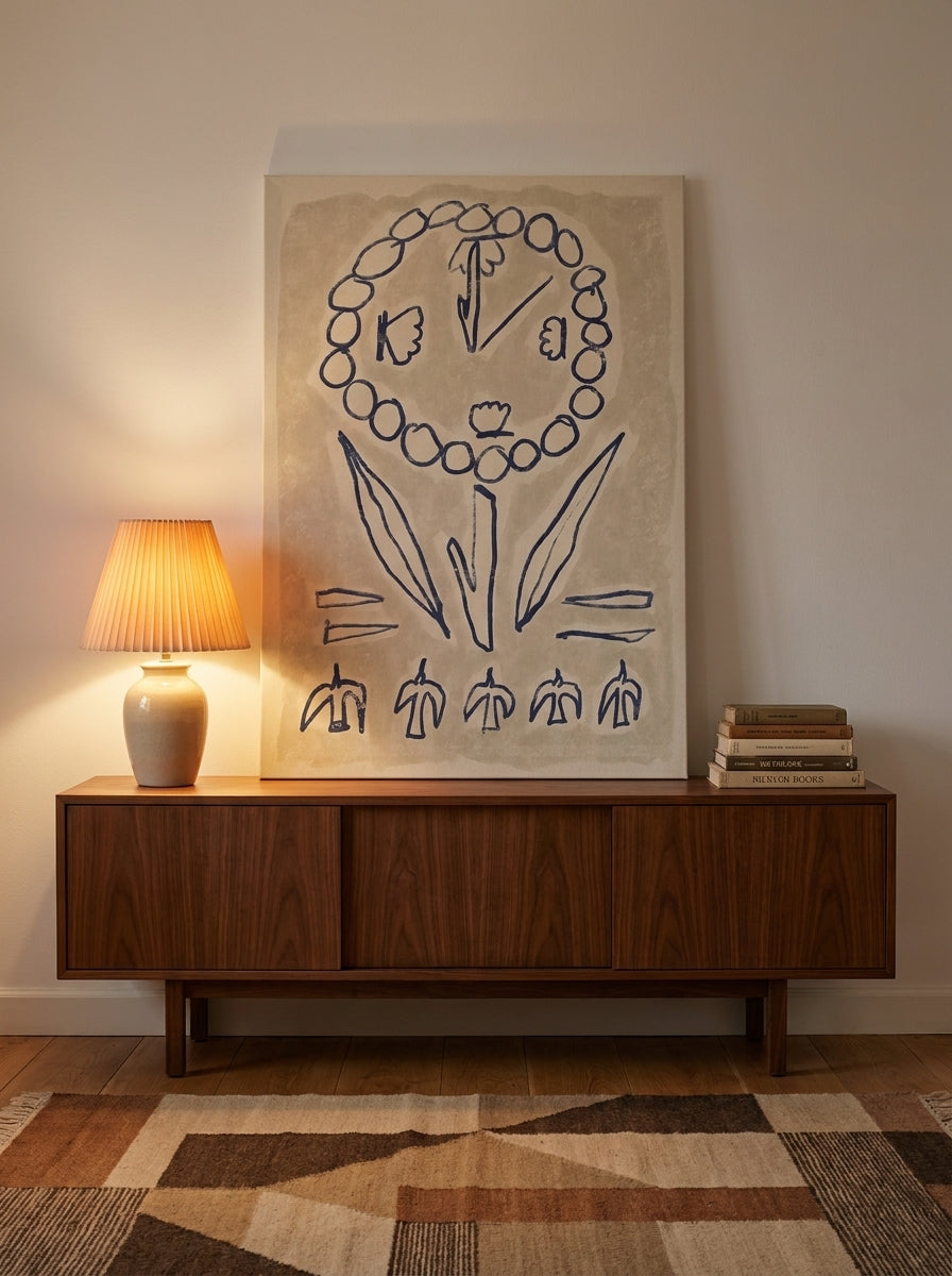 Stretched canvas wall art standing on a sideboard in a mid-century home office