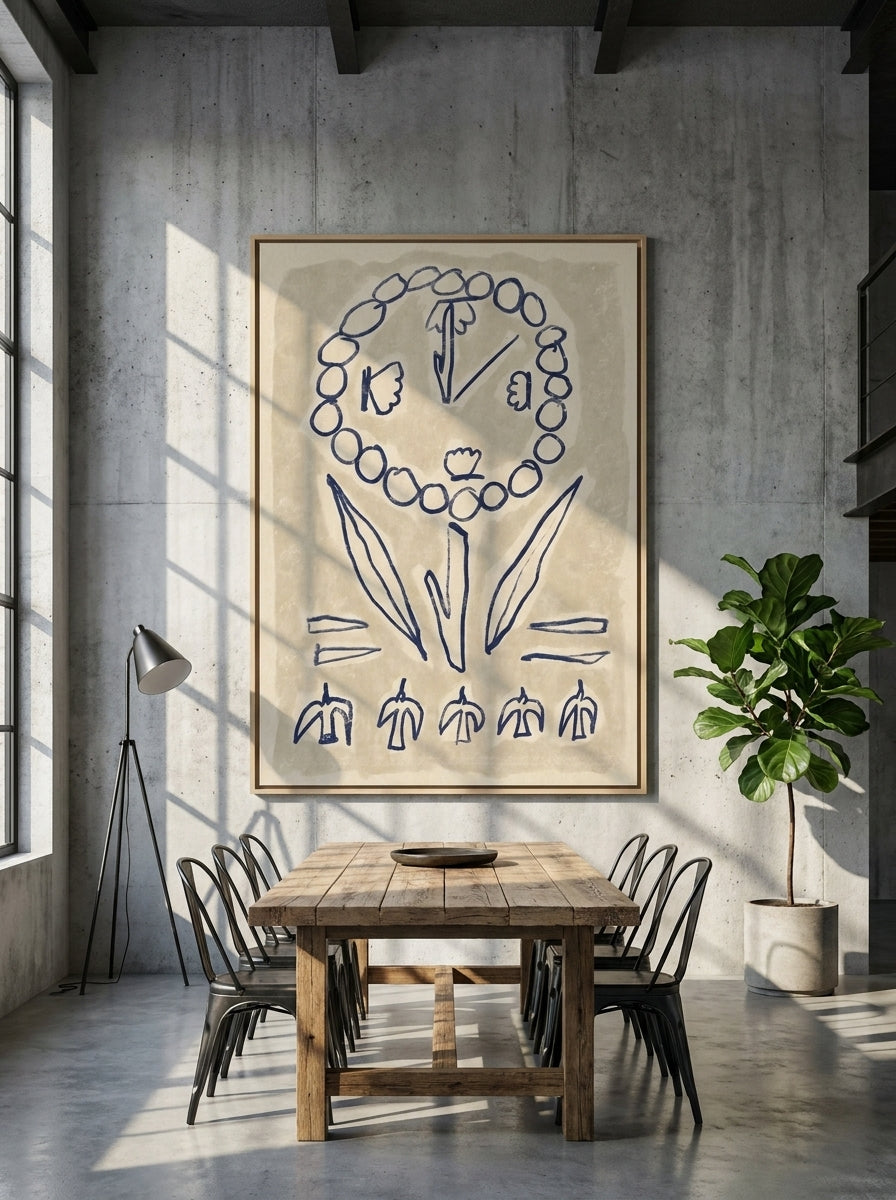 Oversized statement canvas wall art with a natural timber surround styled on the wall in an industrial loft dining room