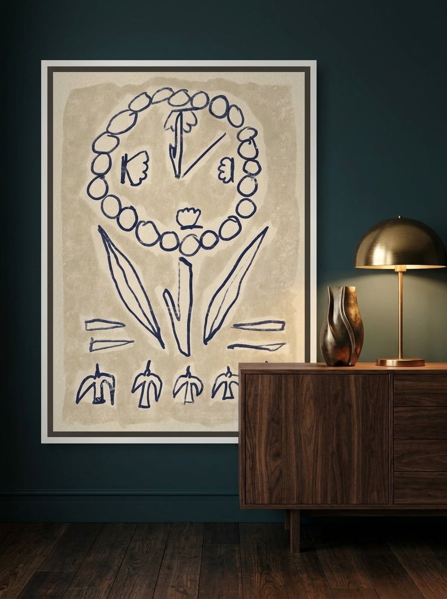 Canvas wall art with a white surround standing on a sideboard in a moody bedroom