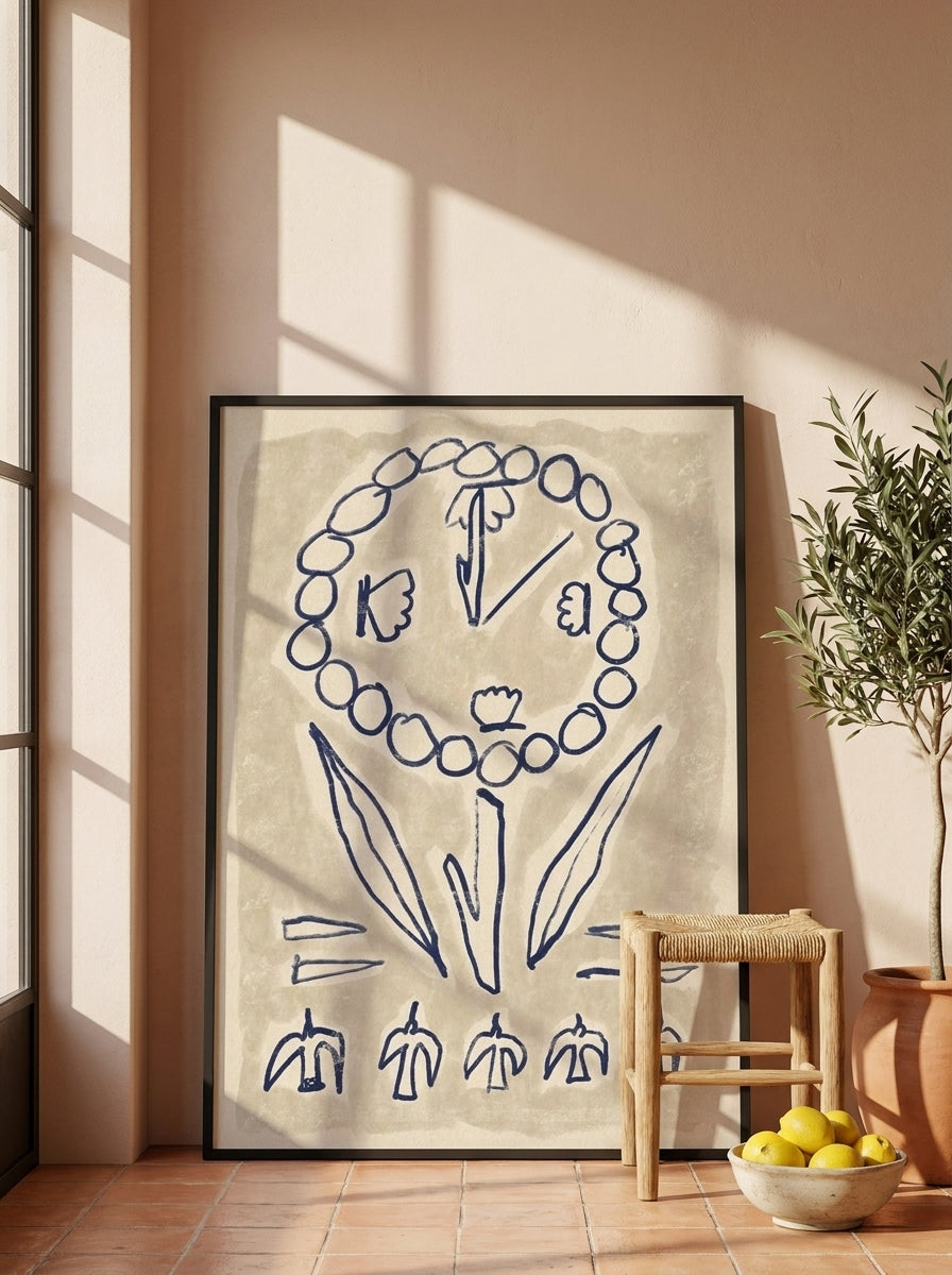 Modern wall art print leaning against the wall in a Mediterranean living room