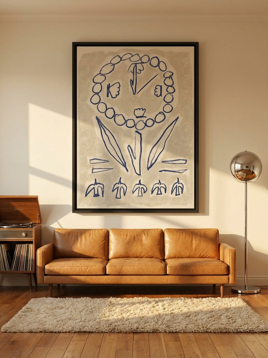 Canvas wall art with a black surround styled on the wall in a retro 70s living room