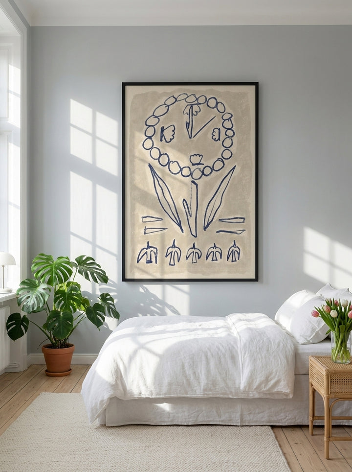 Oversized statement modern wall art print styled on the wall in a bright Scandinavian bedroom