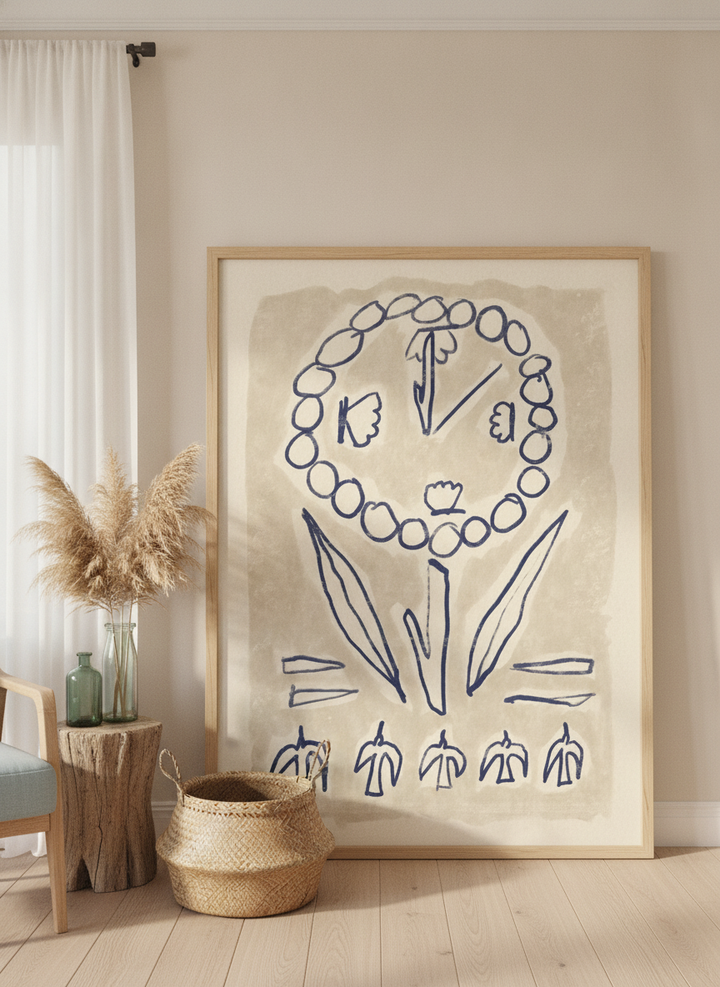 Oversized statement modern wall art print leaning against the wall in a coastal dining room