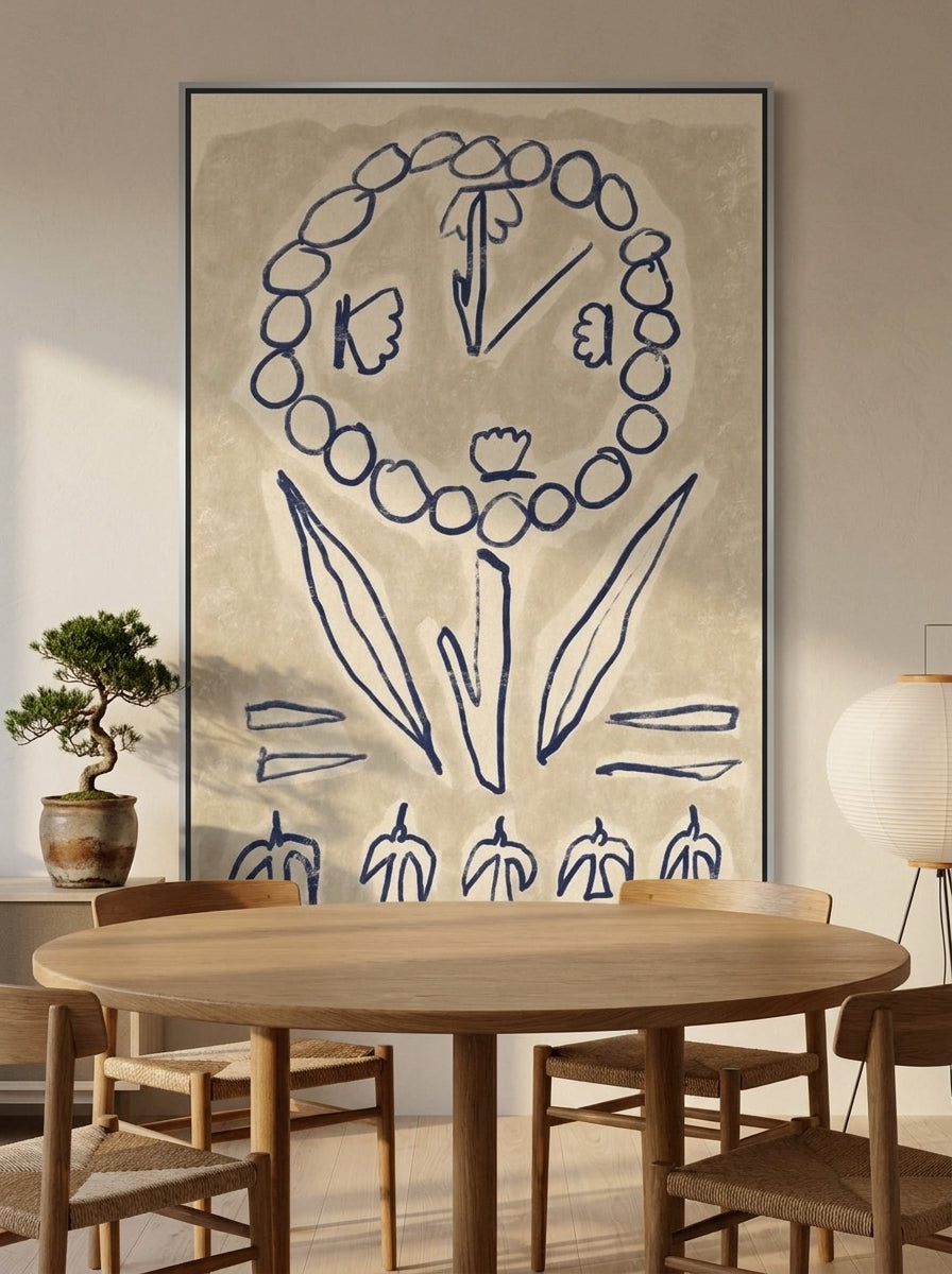 Oversized statement canvas wall art with a silver leaf surround styled on the wall in a warm Japandi dining room